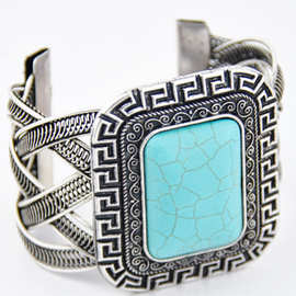 欧美跨境时尚绿松石手镯波西米亚民族风合金复古银天然石手镯批发