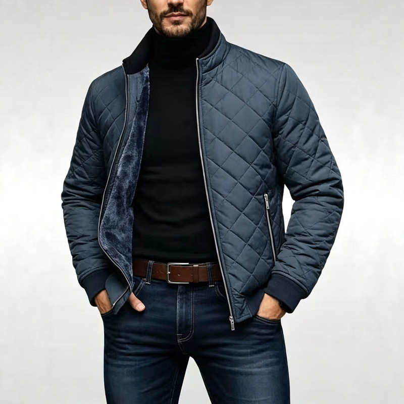 Cross-border Amazon Men's Diamond Pattern Fleece-Lined Cotton Jacket, Stand Collar, Thickened, Warm, Pilot Business Casual Coat Cross-border Amazon Men's Diamond Pattern Fleece-Lined Cotton Jacket, Stand Collar, Thickened, Warm, Pilot Business Casual Coat