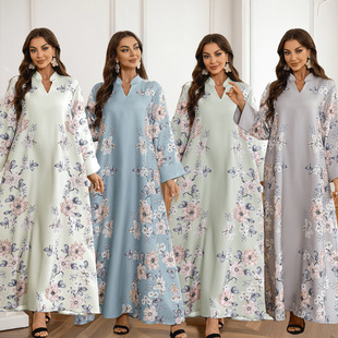 Cross-Border Overseas Best-Selling Middle Eastern Muslim Robe Women's Long Skirt Flower Print Beaded Abaya Dress