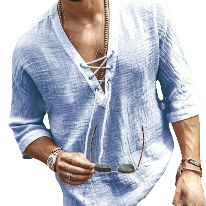 2023 europeo y americano nuevo comercio exterior deseo Amazon popular de los hombres pecho con cordones de los callos de media manga camiseta camisa de moda