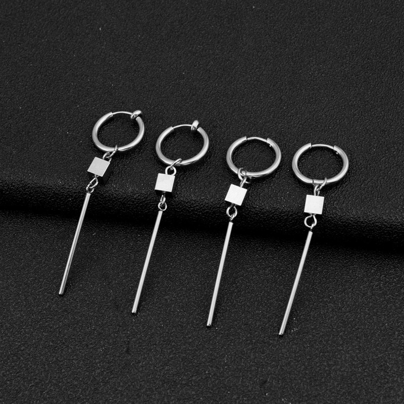 Boucles d'oreilles longues à clous pour hommes, en acier inoxydable, en forme de goutte carrée, style punk, bijoux inaltérables, parfaits pour les femmes au bureau._voghion.com