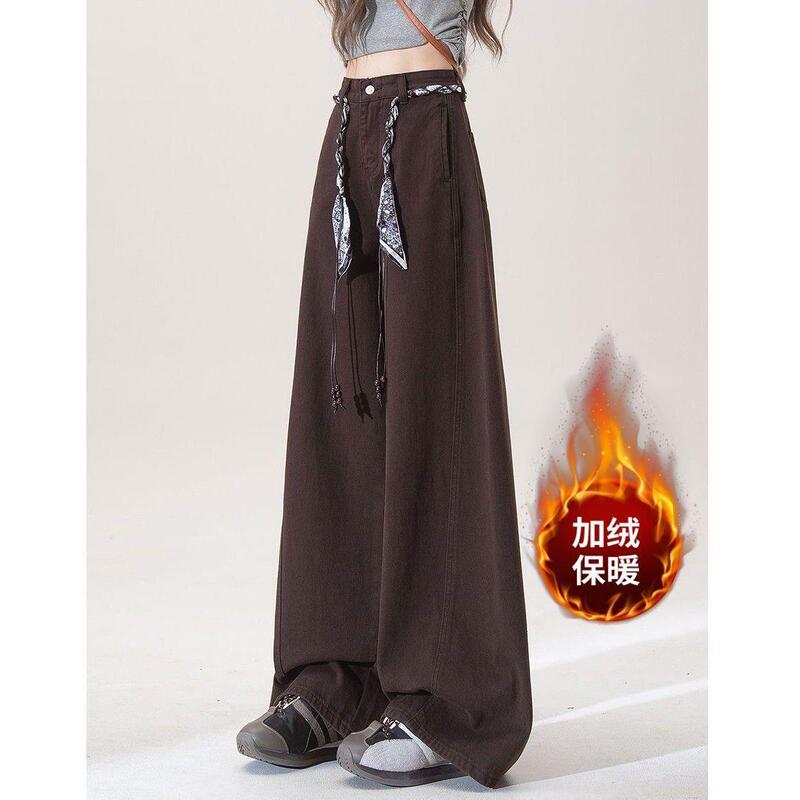 Fleece-Lined Thick Wide-Leg Scimitar Jeans for Women 2025 Autumn and Winter New Retro Brown Coffee Versatile Floor-Length Pants Fleece-Lined Thick Wide-Leg Scimitar Jeans for Women 2025 Autumn and Winter New Retro Brown Coffee Versatile Floor-Length Pants