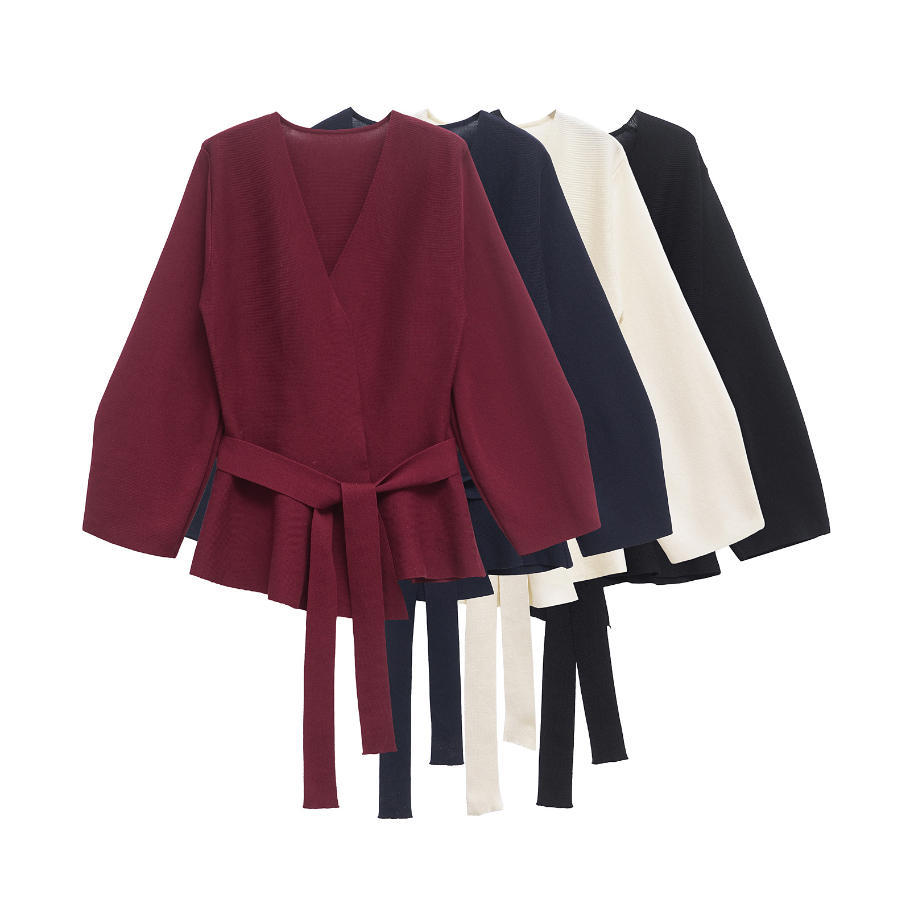 Cross-Border European and American Clothing Aliexpress Popular Fashion Casual Knitted Sweater with Belt and Shoulder Pads