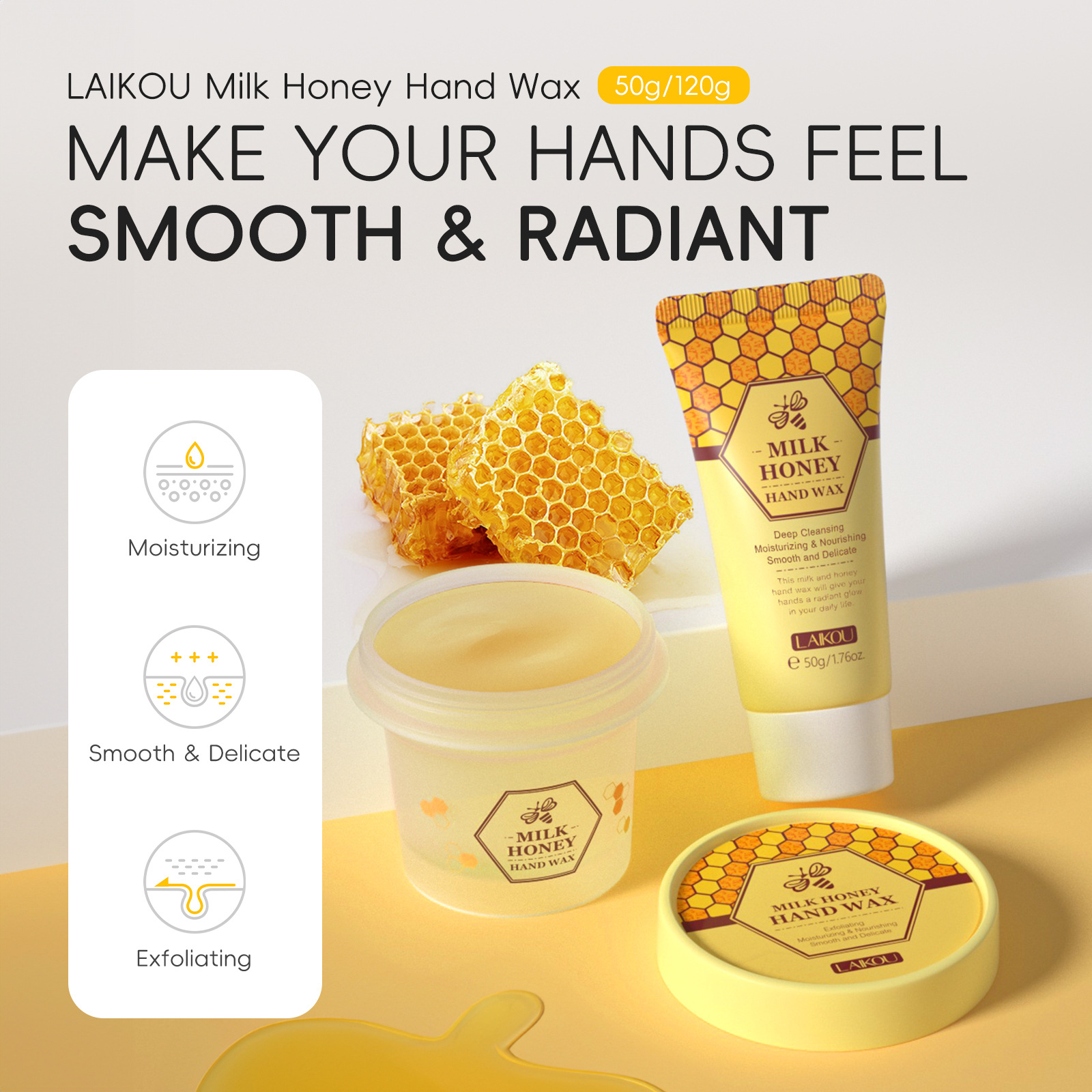 Cross-border English version LAIKOU Honey Milk Hand Wax 50g Hand Mask Moisturizing, hydrating and hydrating Autumn and winter manufacturer in stock Item Picture