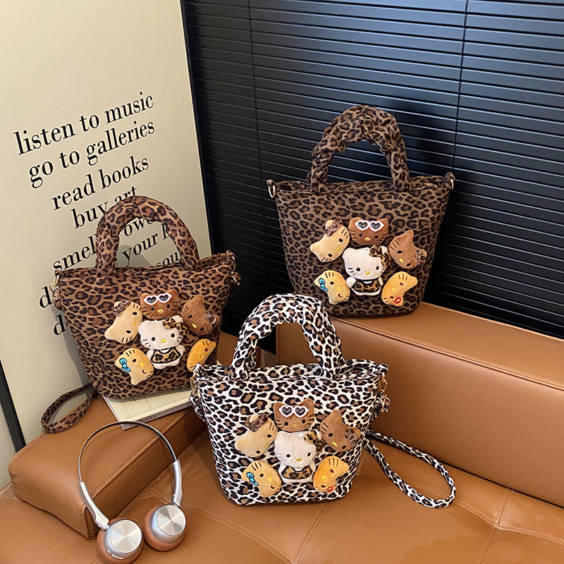 Korean Style Personalized Leopard Print Cat Bucket Bag Autumn and Winter New Suede Family Handbag Preppy Style Girl Crossbody Bag