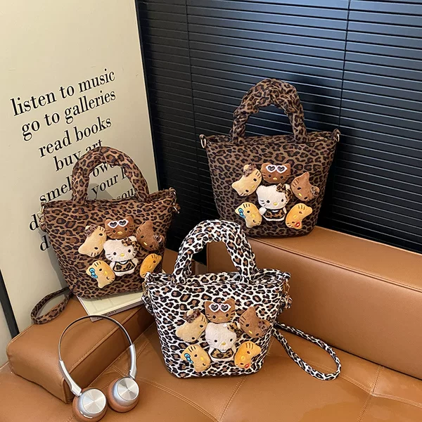 Korean Style Personalized Leopard Print Cat Bucket Bag Autumn and Winter New Suede Family Handbag Preppy Style Girl Crossbody Bag