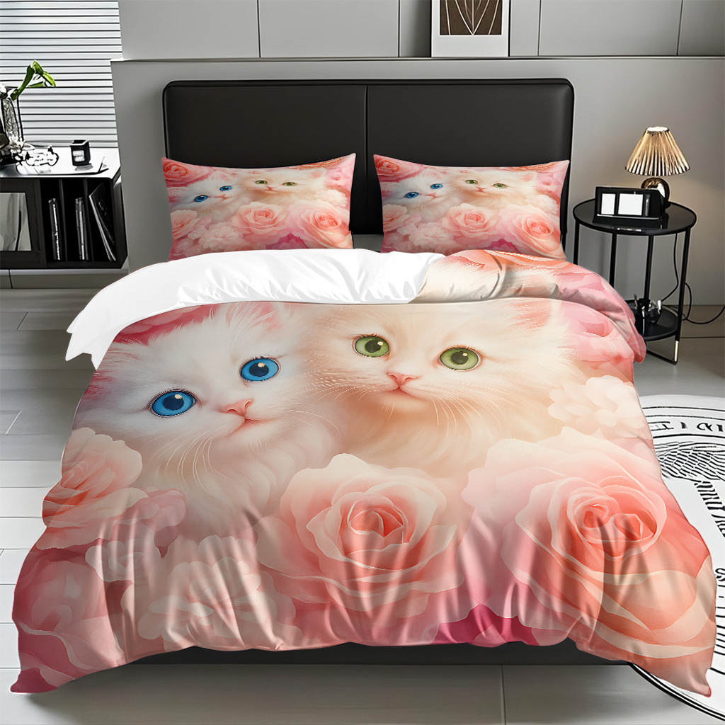 TEMU / JIT adorable gatito impresión digital suave set de colcha de edredón textil para el hogar se puede diseñar venta directa de fábrica