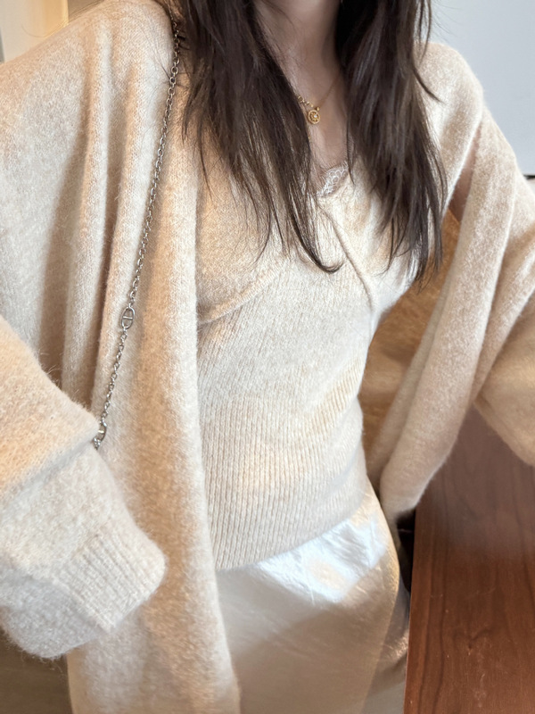 法式时尚针织套装女2025秋冬新款蕾丝拼接针织背心＋开衫两件套|undefined