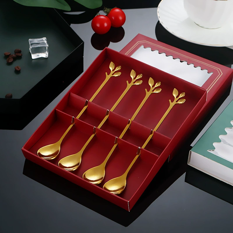 Ложка из нержавеющей стали Листья Ложка сетка красная десертная ложка Смешение ложки Кофейная ложка Подарочная коробка Набор золотой посуды Домашняя ложка