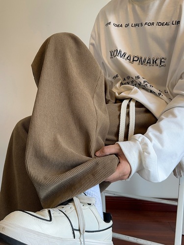 Men's Corduroy Pants for Autumn/Winter with Fleece Lining and Thickening, Trendy Brand American Heavyweight Casual Long Pants, Loose Straight-Tube Wide Leg Pants