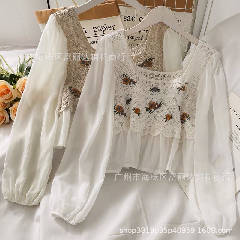 新款设计感小众韩风chic上衣气质镂空手钩碎花雪纺拼接长袖防晒衣