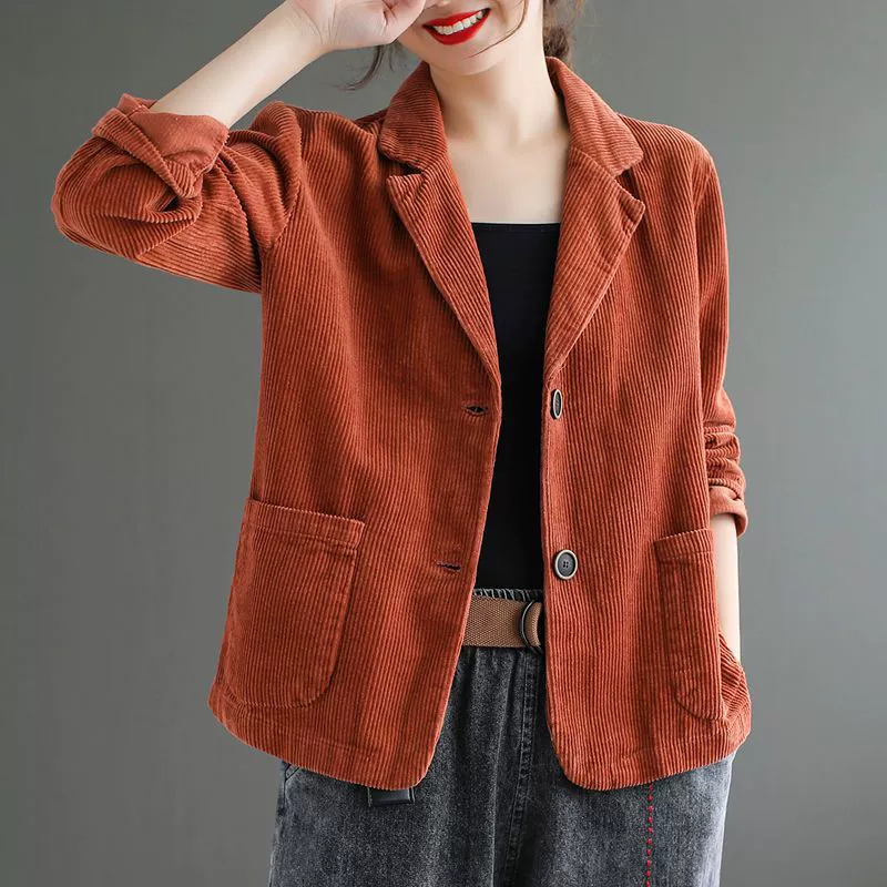 Костюм из гуда Corduroy, однотонный пиджак, осенний ретро с длинным рукавом для отдыха, высокий воротник, 2023, оверсайз