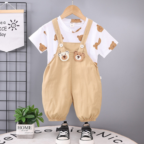 Foreign trade children's summer boys' and girls' overalls two-piece set 0-5 years old children's all-over printed crew neck short-sleeved suit