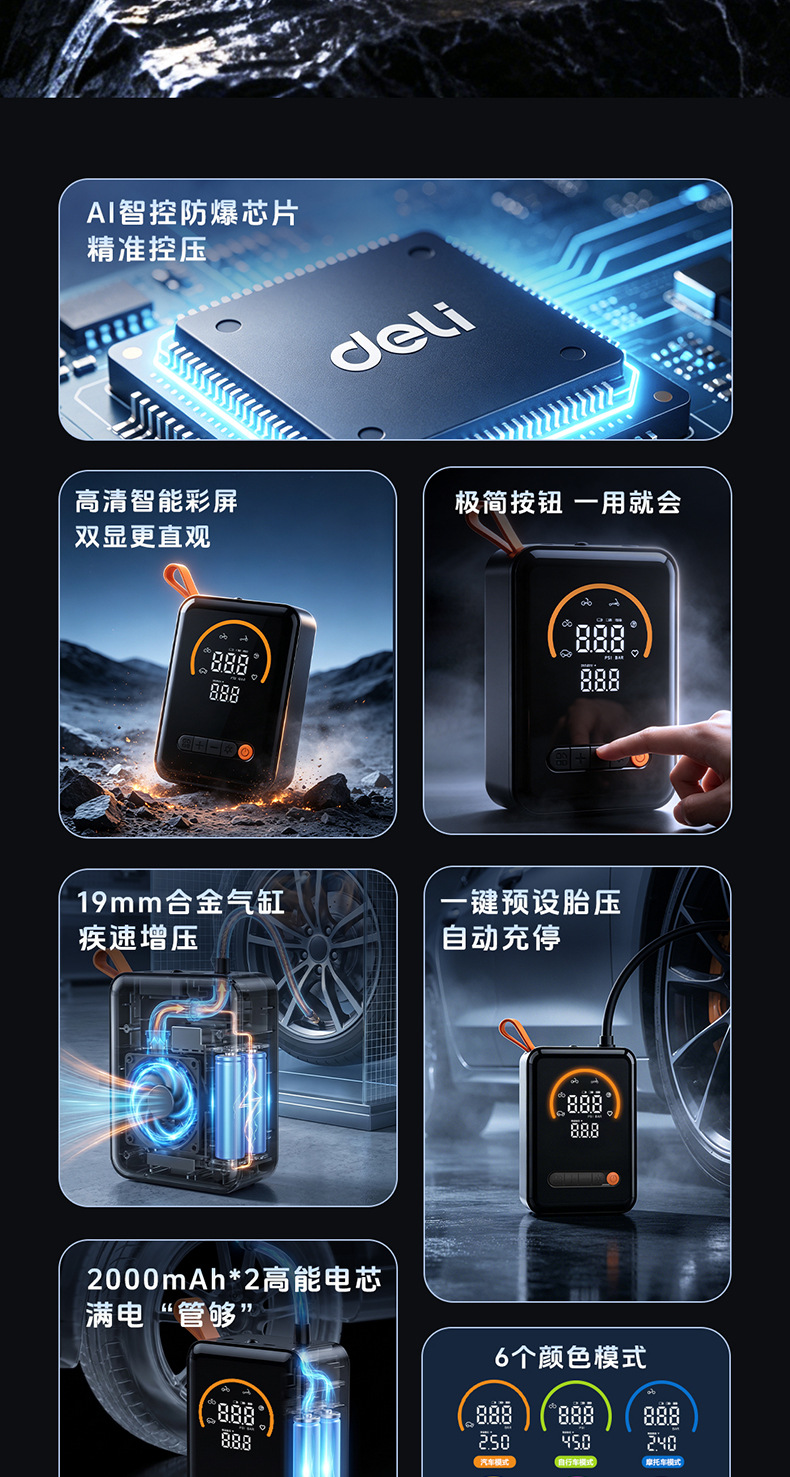 Deli Wireless Car Air Pump, Electric Car Air Pump, Portable Tire Inflator with Tire Pressure Measurement