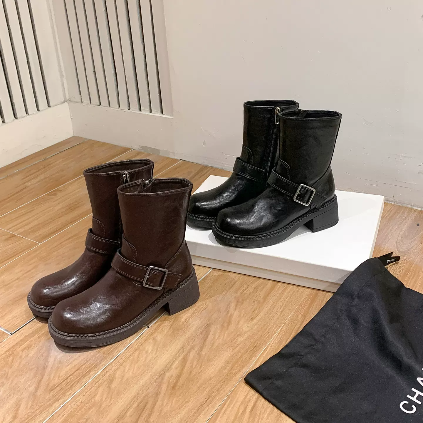 百搭英伦风水洗牛皮厚底短靴女秋冬新款粗跟马丁靴侧拉链瘦瘦靴子