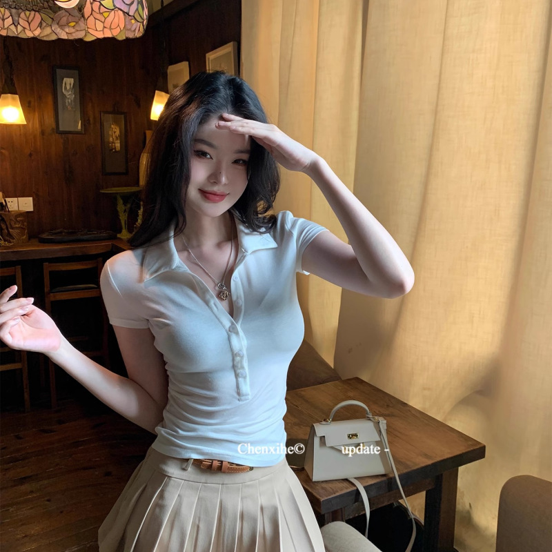 【人棉200克薄款】polo领短袖T恤女新款收腰内搭气质显瘦上|undefined