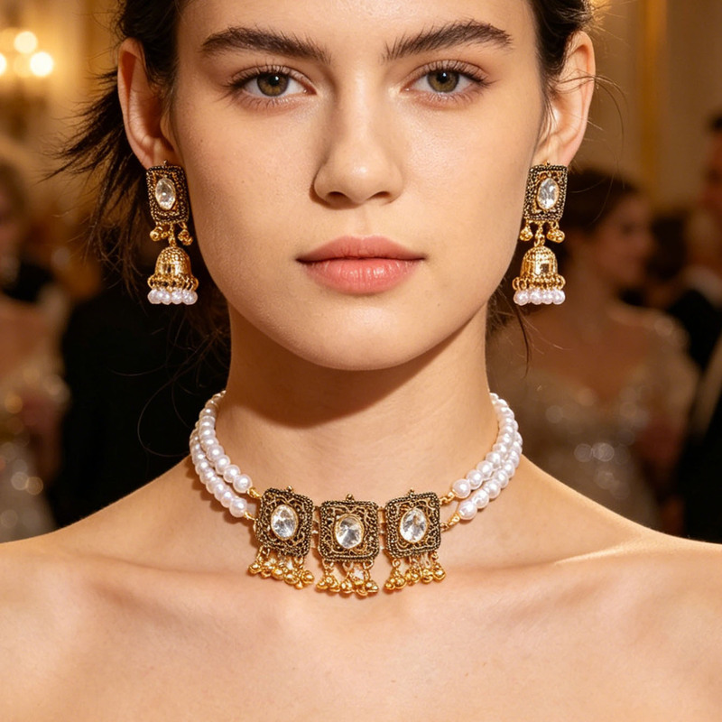 Retro Ethnic Style Square Multi-Layered Pearl Rectangular Necklace and Bell Earrings Set, Indian Style 2-Piece Set Retro Ethnic Style Square Multi-Layered Pearl Rectangular Necklace and Bell Earrings Set, Indian Style 2-Piece Set
