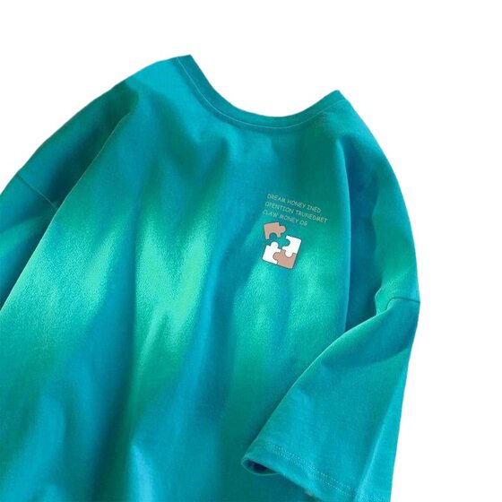Men's Hong Kong-style Loose Heavy Cotton Short-sleeved T-shirt Ins Casual All-match Round Neck Printed Half-sleeved T-shirt for Couple