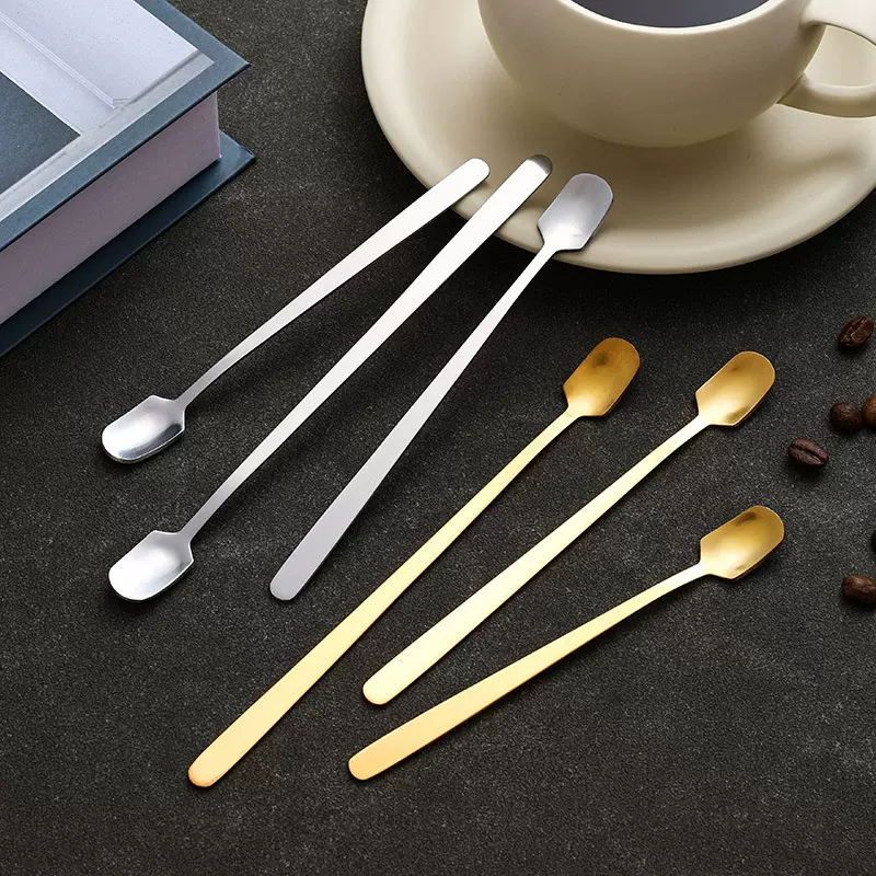 不锈钢勺子金色咖啡勺搅拌勺子药匙创意方头长柄勺马克杯冰勺