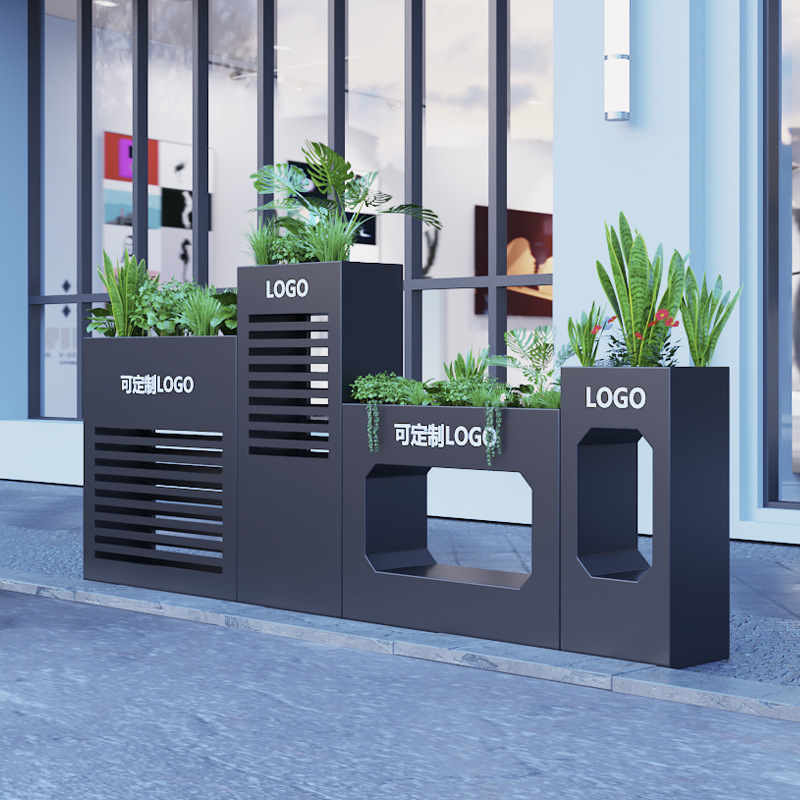 Galvanized steel flower boxes, outdoor flower pots, finished flower beds, commercial street display, wrought iron flower troughs, and hotel metal flower planters