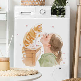 女孩猫咪温馨画面墙贴画多巴胺可移除宿舍装饰墙贴画