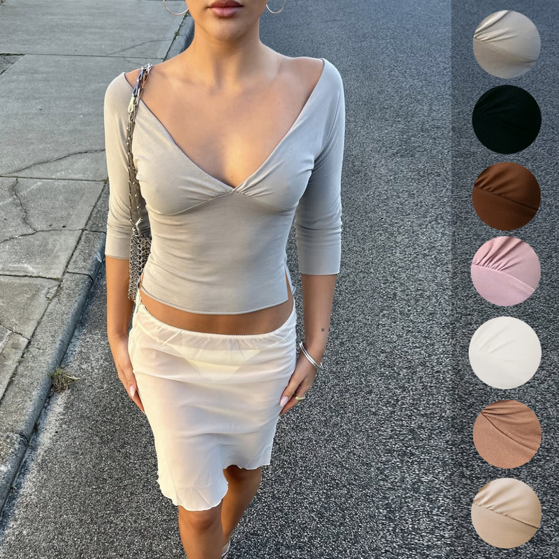 2026 Spring/Summer Cross-Border Amazon Aliexpress European and American Hot-Selling Women's Fashion Sexy Deep V Side Slit Half-Sleeve T-Shirt Top
