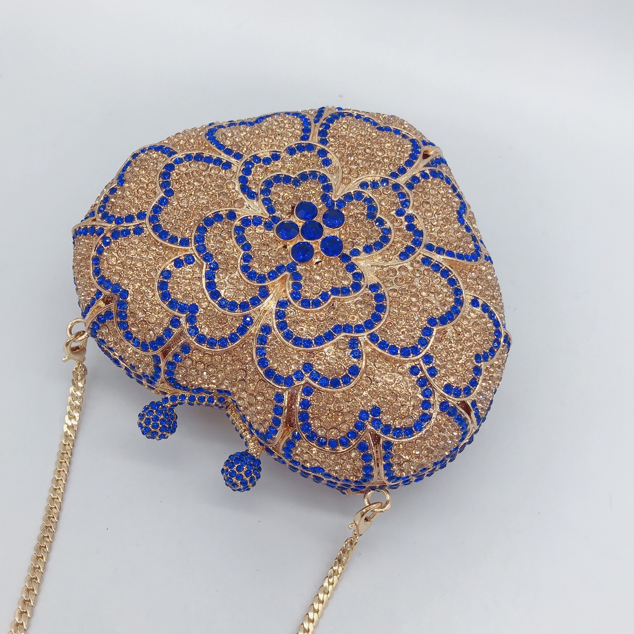 Túi clutch hình trái tim đính đá toàn bộ, vỏ cứng, cầm tay dự tiệc phong cách Âu Mỹ — Màu vàng chi tiết 2