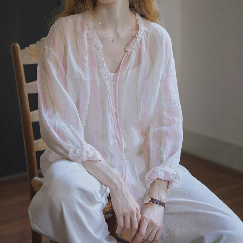 2025Ss 100 Ramie Silk Lace-Up Loose Long-Sleeved Stripesd Shirt Cardigan