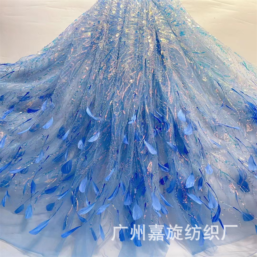 3D fuegos artificiales de plumas hechos a mano pieza de fantasía tela bordada de tul vestido de color caramelo ropa de rendimiento tela de encaje