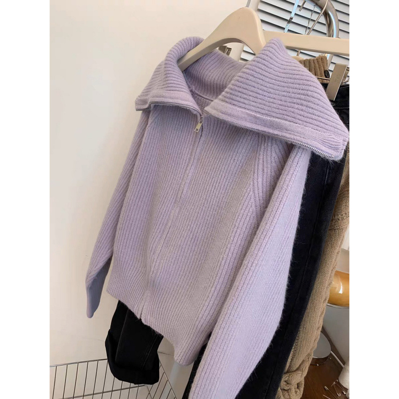 Trece líneas de alta calidad suéter de collar púrpura con cremallera abrigo de mujeres otoño y invierno temperamento perezoso cardigan de punto