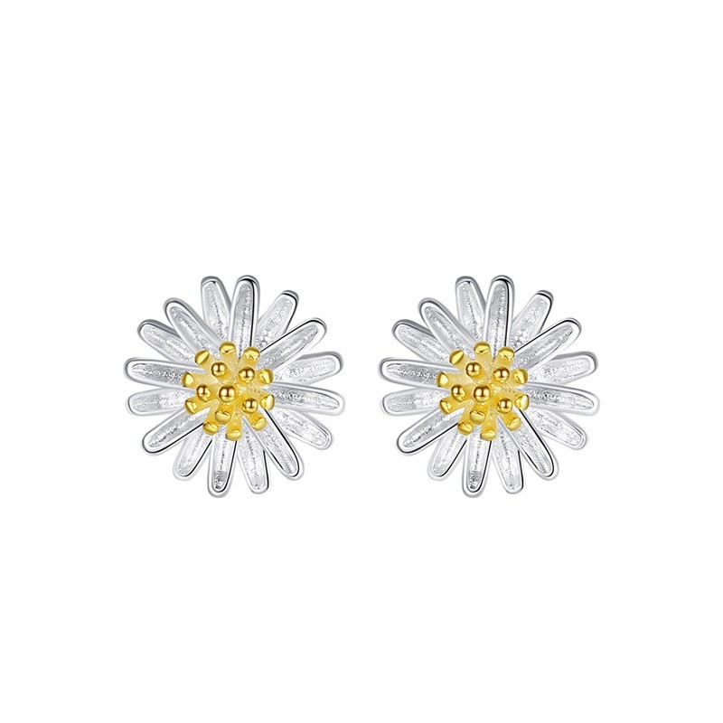 Pendientes de Plata de Ley 925 Japoneses y Coreanos, Nuevos Pendientes de Plata de Ley de Dos Tonos con Diseño de Margarita Pequeña, Modernos y Sencillos para Mujer, Venta al por Mayor