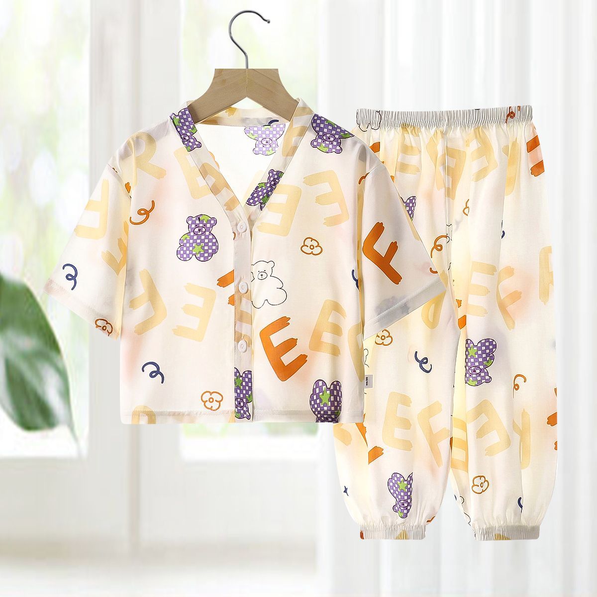 Pajamas de seda de algodón para niños, ropa de aire acondicionado de algodón artificial de verano, ropa para niños y niñas, ropa para el hogar de seda de algodón, dos juegos de ropa infantil