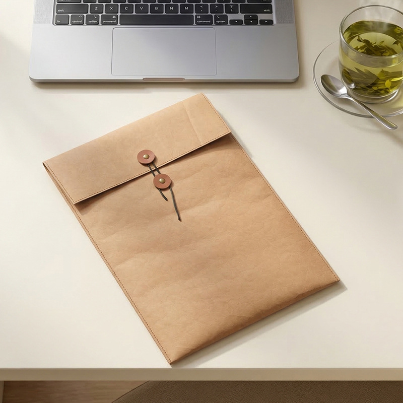 Washed kraft paper gift wrap with rope closure, high-end eco-friendly envelope-style packaging, laptop inner lining strap, vintage laptop bag