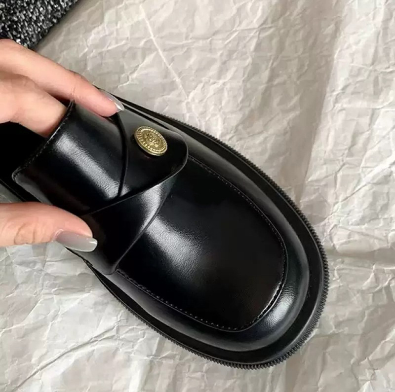 羊皮版~超软真皮厚底乐福鞋女小金扣粗跟单鞋黑色英伦懒人小皮鞋|undefined