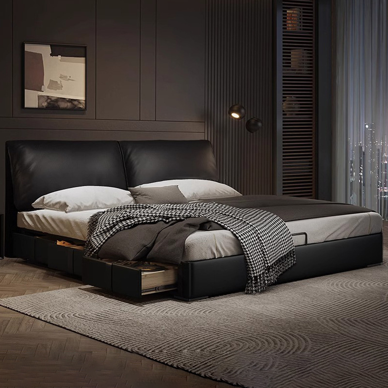 Cama de cuero, cama principal de cuero de vaca, cama de almacenamiento de tres extracciones, cama doble moderna y simple.