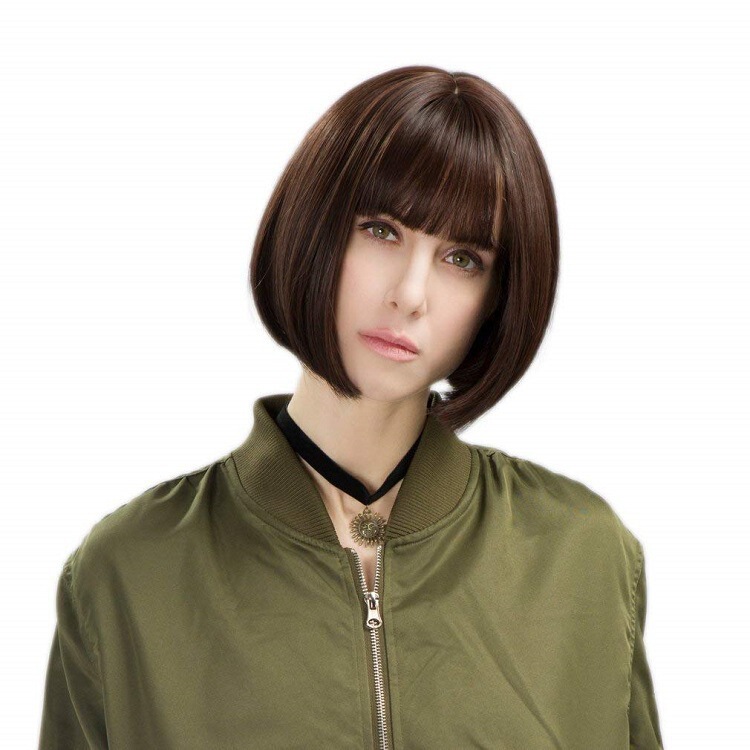 Amazon Wig European and American Fashion Brown Short Bob with Bangs Short Hair Manufacturer Short Straight Hair Direct Sale