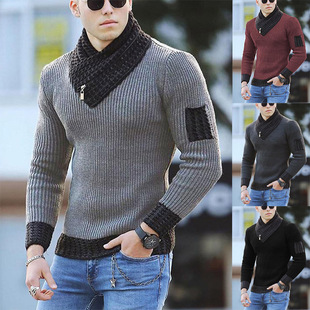 2023 new European and American men's scarf collar sweater knitted pullover long sleeve sweater men's stitching sweater coat