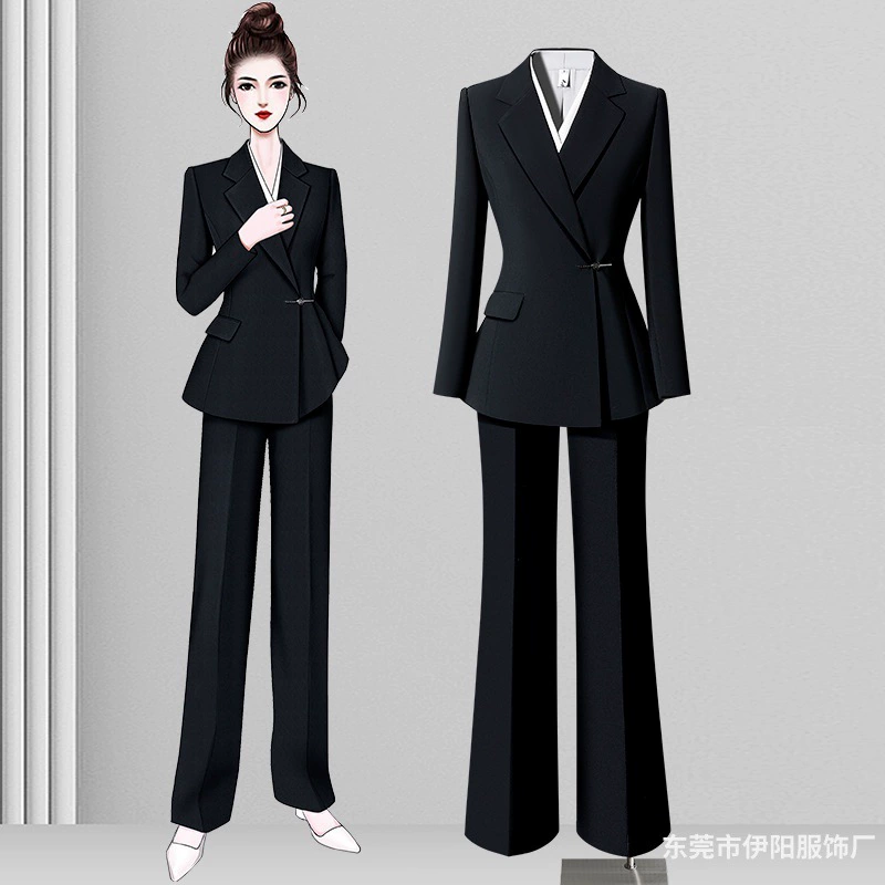 Костюм в китайском стиле, женские широкие брюки, черный пиджак, элегантный стиль богини, стильная профессиональная рабочая одежда, официальная одежда