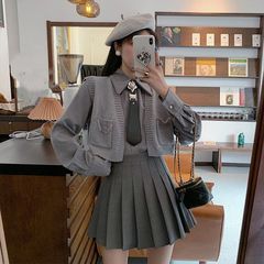 秋季套装女2025新款大码女装穿搭时尚衬衫马甲配显瘦百褶裙三件套