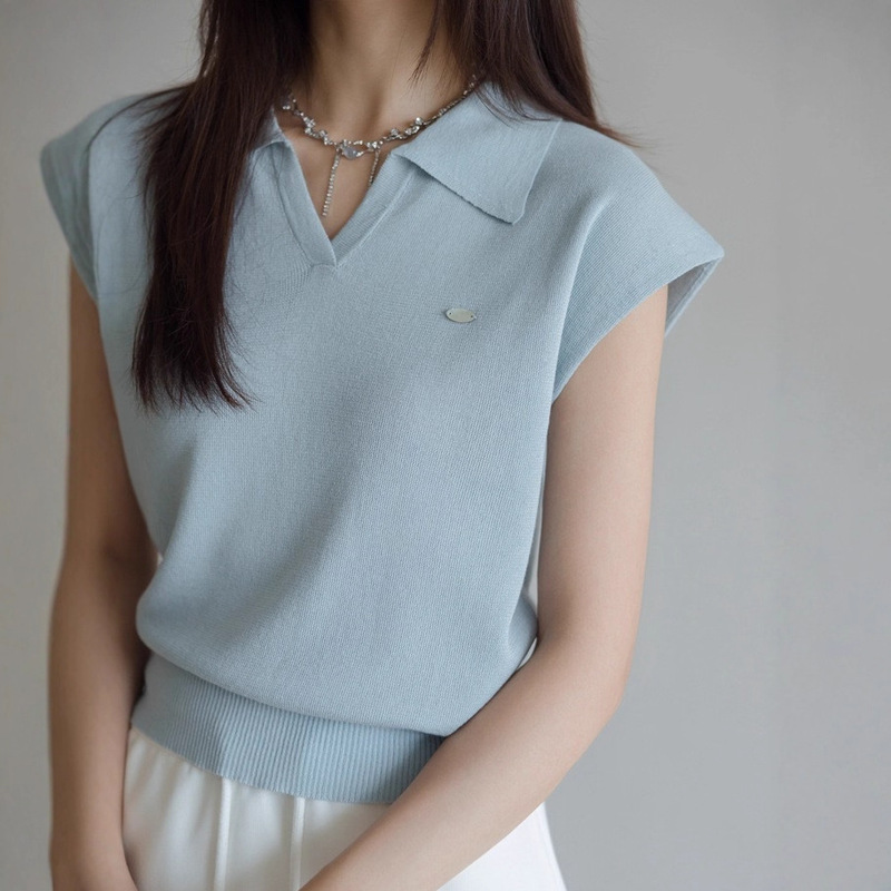 白色亚麻天丝翻领针织短袖女2025新款夏气质短款POLO衫上衣A5361|undefined