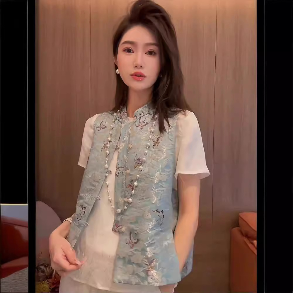 Fl240261 New Chinese-Style Women's Clothing Blue Butterfly Vest Elegant National Style Waistcoat New Top for Women Summer