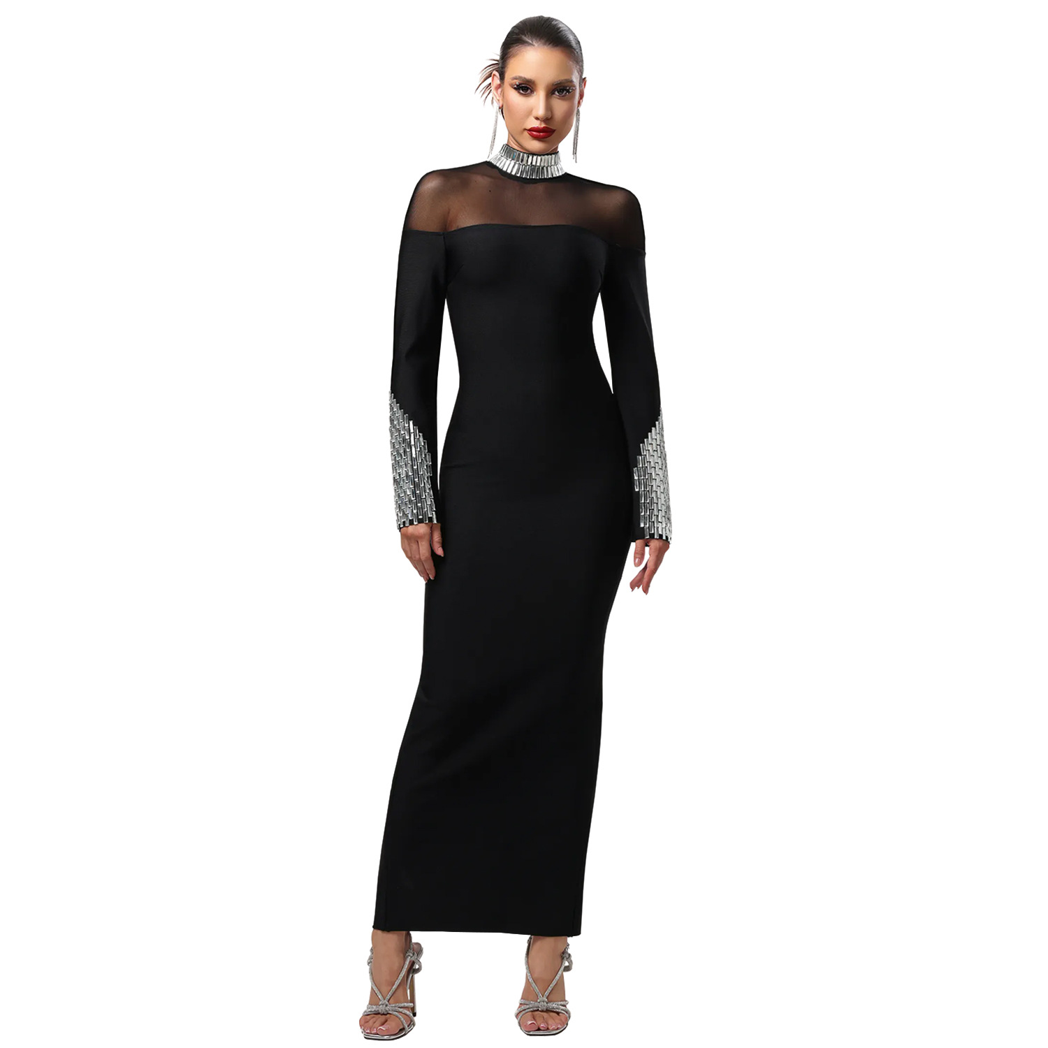 C7592 Aliexpress transfronterizo Amazon Europa y América de moda moda de mujer temperamento de cuello alto diamante caliente exquisito vestido de alta calidad image 7