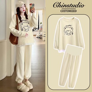 Internet celebrity ins maternity clothes suit fashion new sweet bear sweater belly support trousers for hot moms spring and autumn