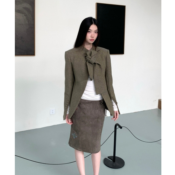 Olive Green Placket Multi-Tie Design Fashionable Retro Wool Suit Jacket for Women