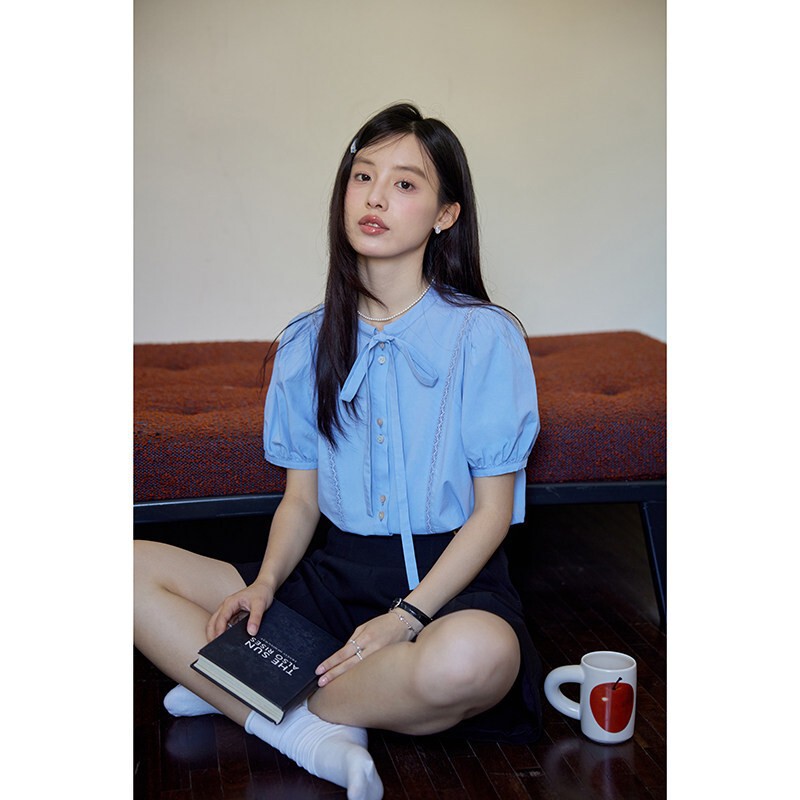 Nov Elist Lace-Up Patchwork Shirt with Puff Sleeve Design, Women's Short-Sleeve Top for Summer