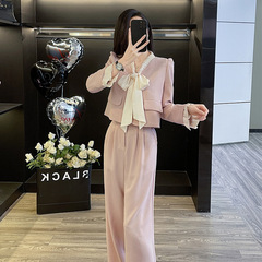 春と秋の女性用の小さな香りのピンクのカジュアルファッションスーツの完全なセット、高級感と年齢を軽減する西洋スタイルのツーピーススーツ