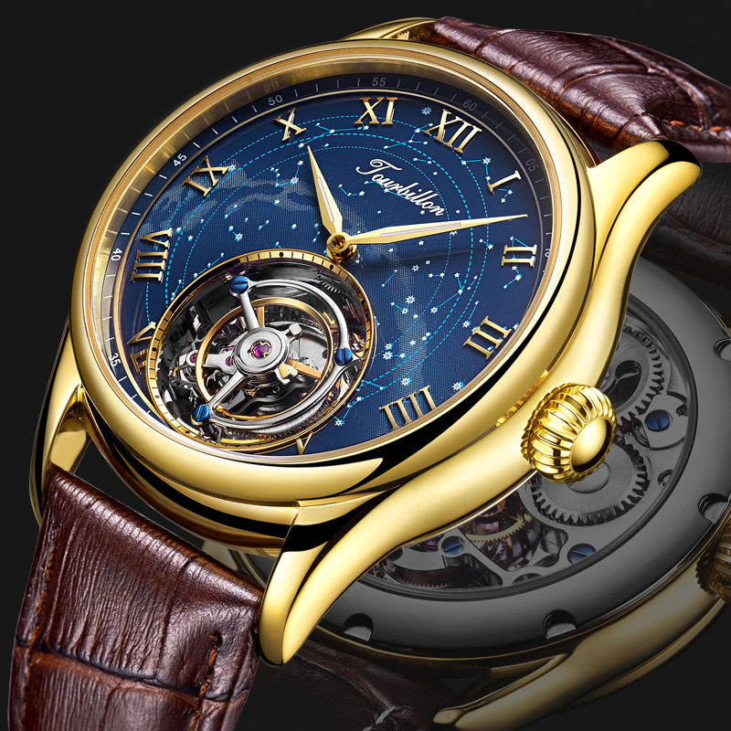 Odm Export Popular Enamel Galaxy Starry Sky Real Flying Tourbillon Men's Mechanical Watch Waterproof Luminous