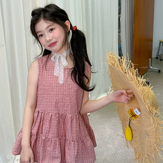 花与寻女童上衣2026年夏季新款甜美复古格纹无袖娃娃衫微蓬百搭潮