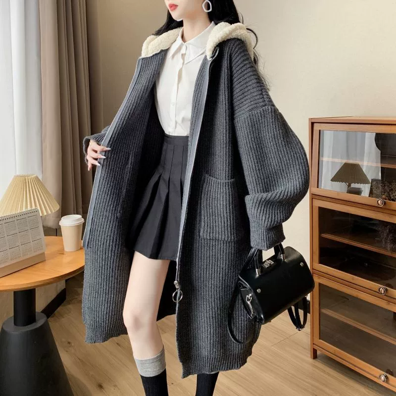 Ретро вязаный демисезонный кардиган, длинный худи, свитер, куртка, oversize, средняя длина