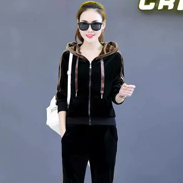 Оптовый Золотой бархатный Повседневный Спортивный костюм Женская Весна и осень Новый СВОБОДНЫЙ Модный комплект из двух предметов больших размеров с капюшоном